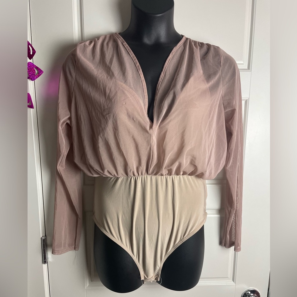 Boohoo Curve Sheer Mesh Long Sleeve Bodysuit Nude Beige 2XL Plunge V Neck